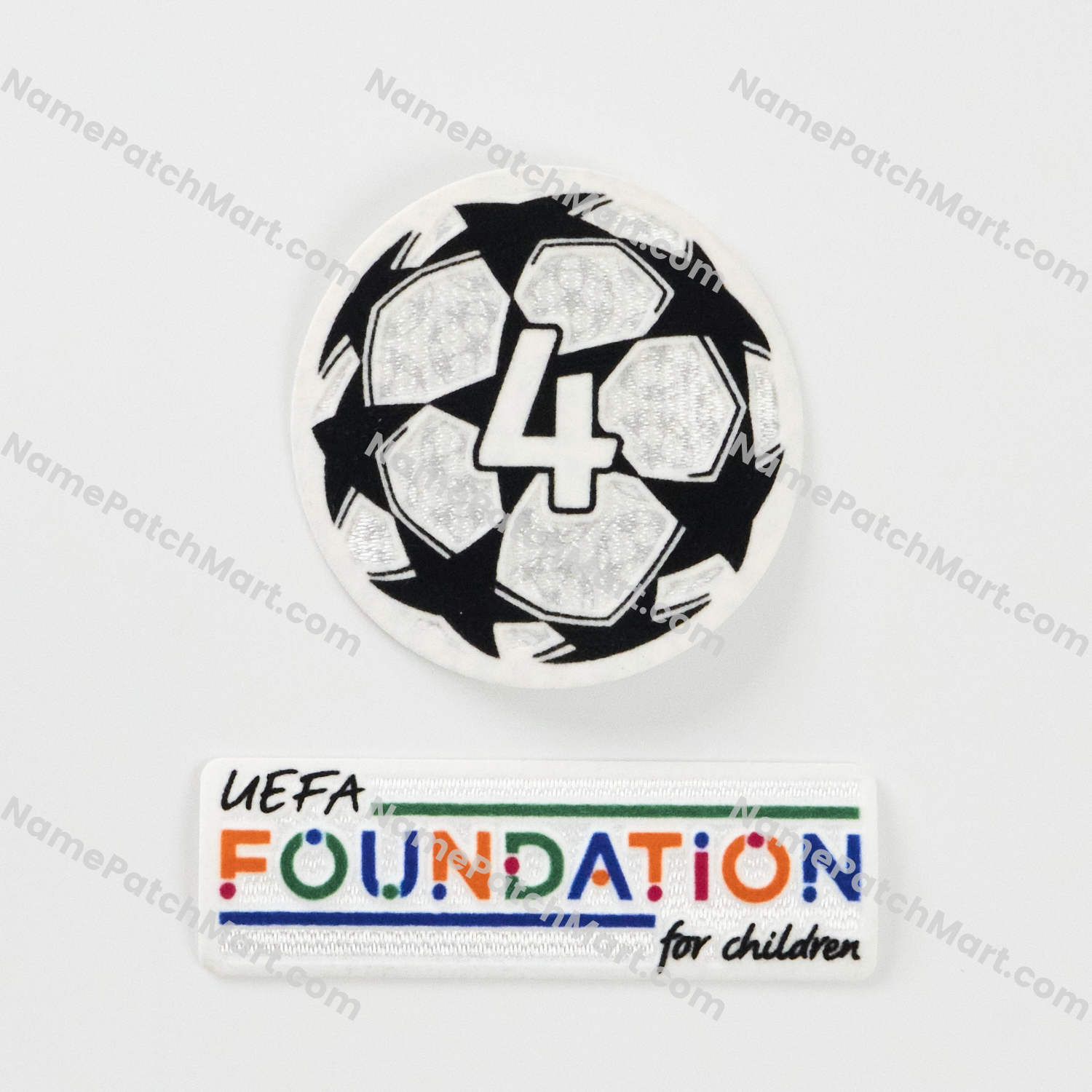 2023-24 UCL Starball 4 Times Winner + UEFA Foundation Patch Set  | Name Number Set - NamePatchMart.COM