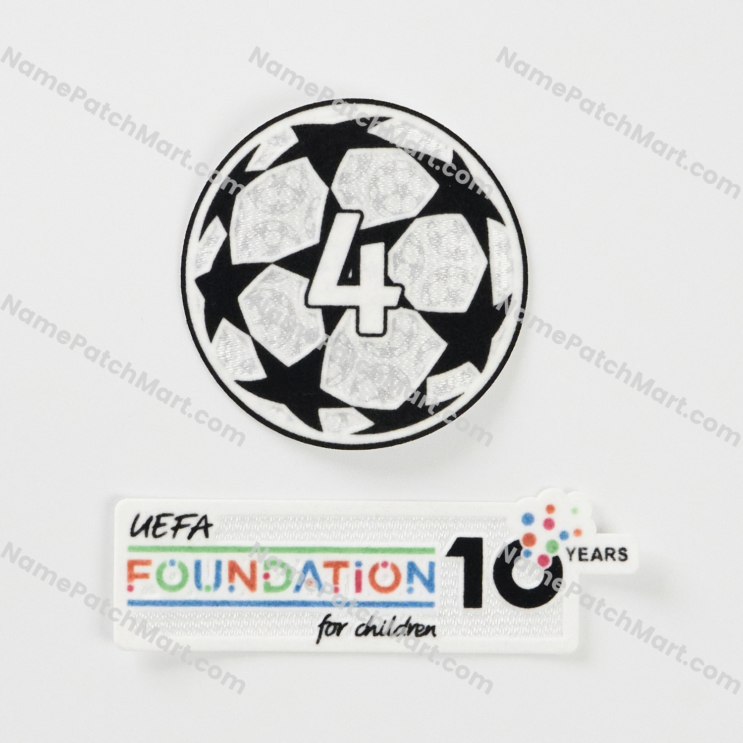 2025-26 Starball 4 Times Winner + UEFA Foundation 10th Anniversary Patch Set  | Name Number Set - NamePatchMart.COM