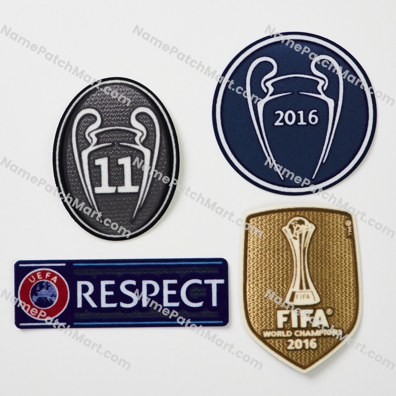 2016-17 Real Madrid Champions League Patch Set ( 2016 Winners + 11 Times Winner + Respect + 2016 World Champions)  | Name Number Set - NamePatchMart.COM