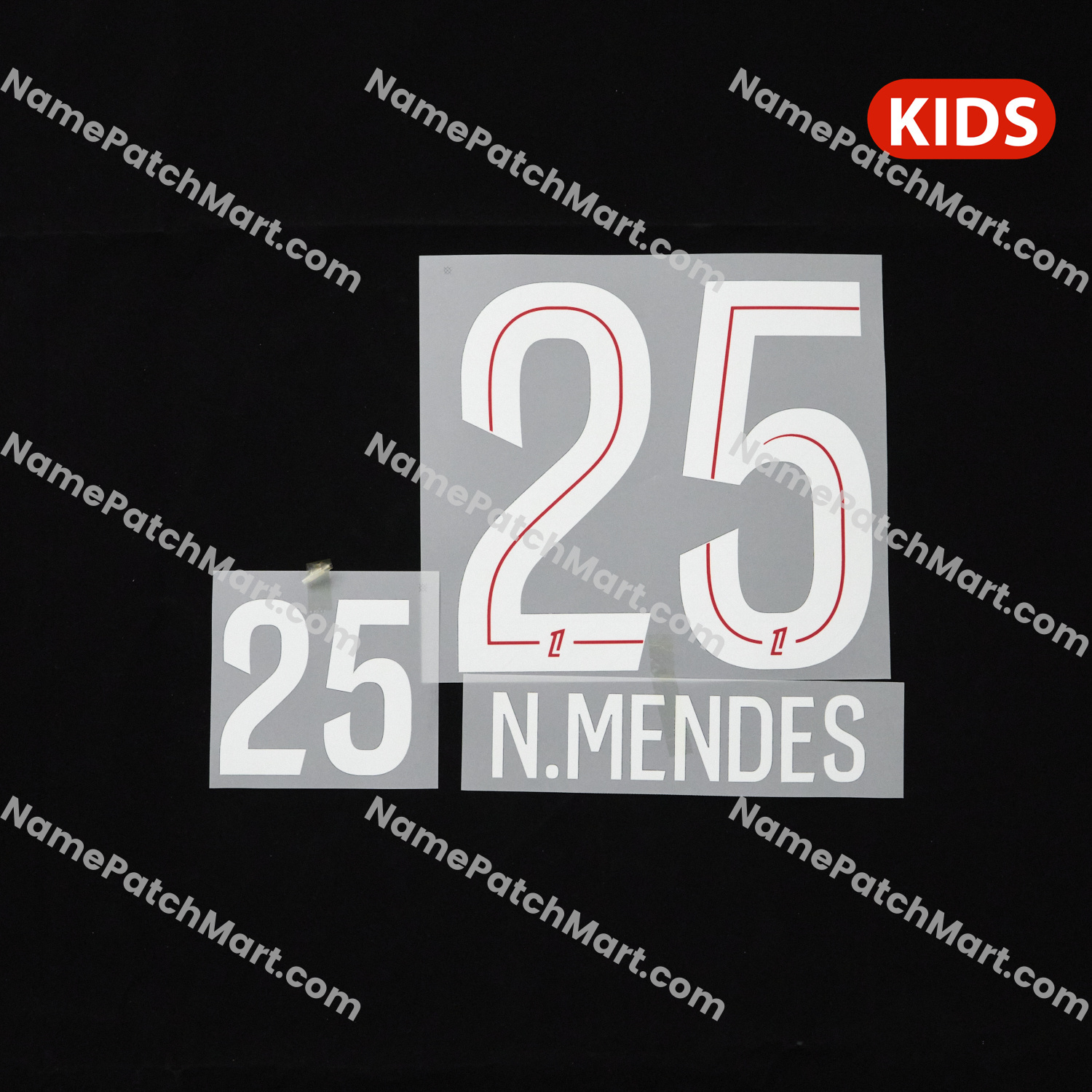 KIDS N.Mendes #25 (Ligue 1) - Paris Saint-Germain PSG 25-26 Home  | Name Number Set - NamePatchMart.COM