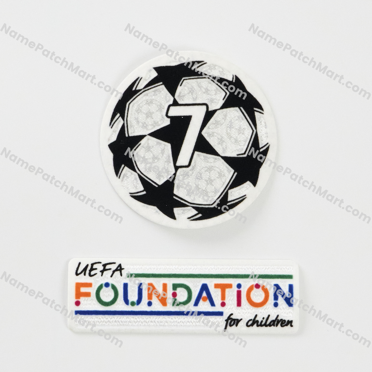 2023-24 UCL Starball 7 Times Winner + UEFA Foundation Patch Set  | Name Number Set - NamePatchMart.COM