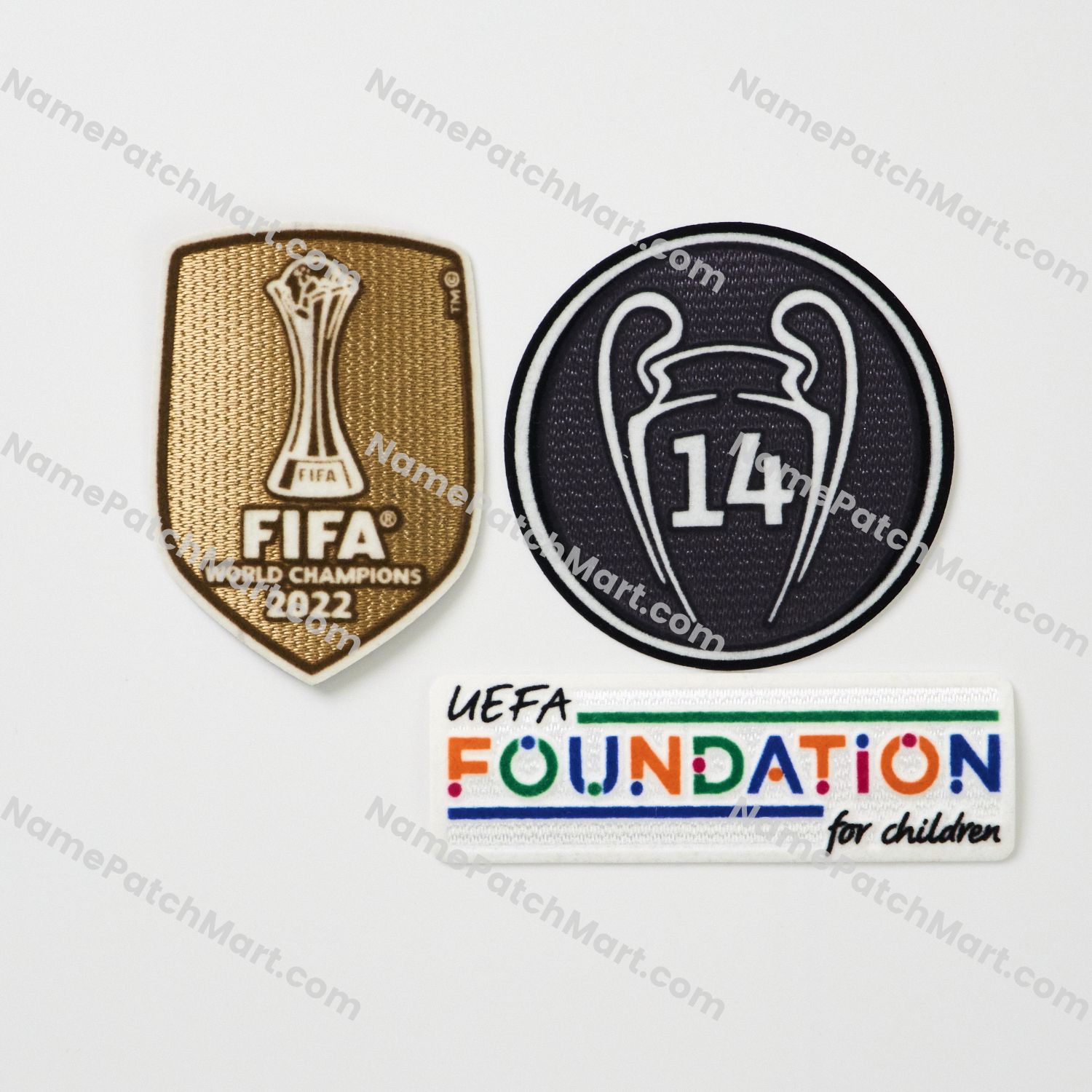 2022-23 Real Madrid Champions League Patch Set (UCL Starball 14 Times Winner + Foundation + 2022 World Champions)  | Name Number Set - NamePatchMart.COM