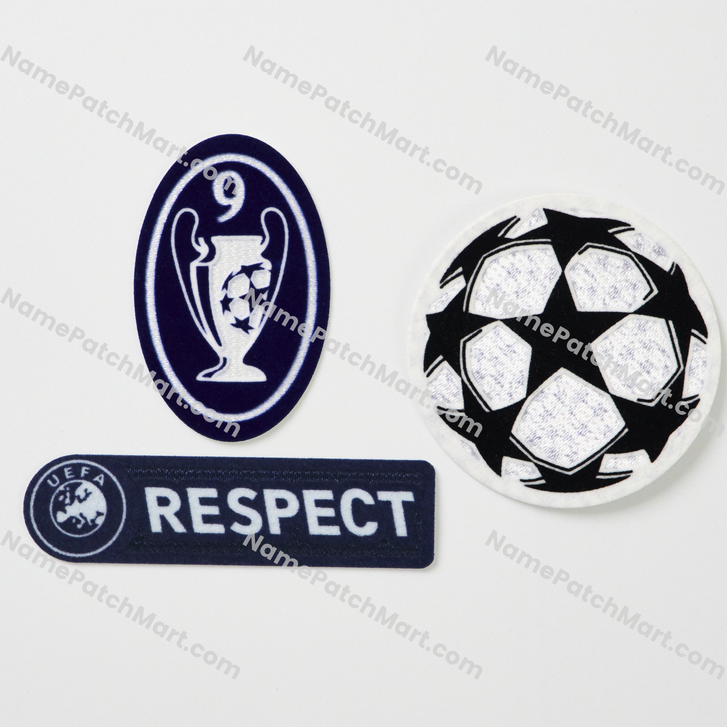 2009-11 Real Madrid Champions League Patch Set ( UCL Starball + 9 Times Winner + Respect)  | Name Number Set - NamePatchMart.COM