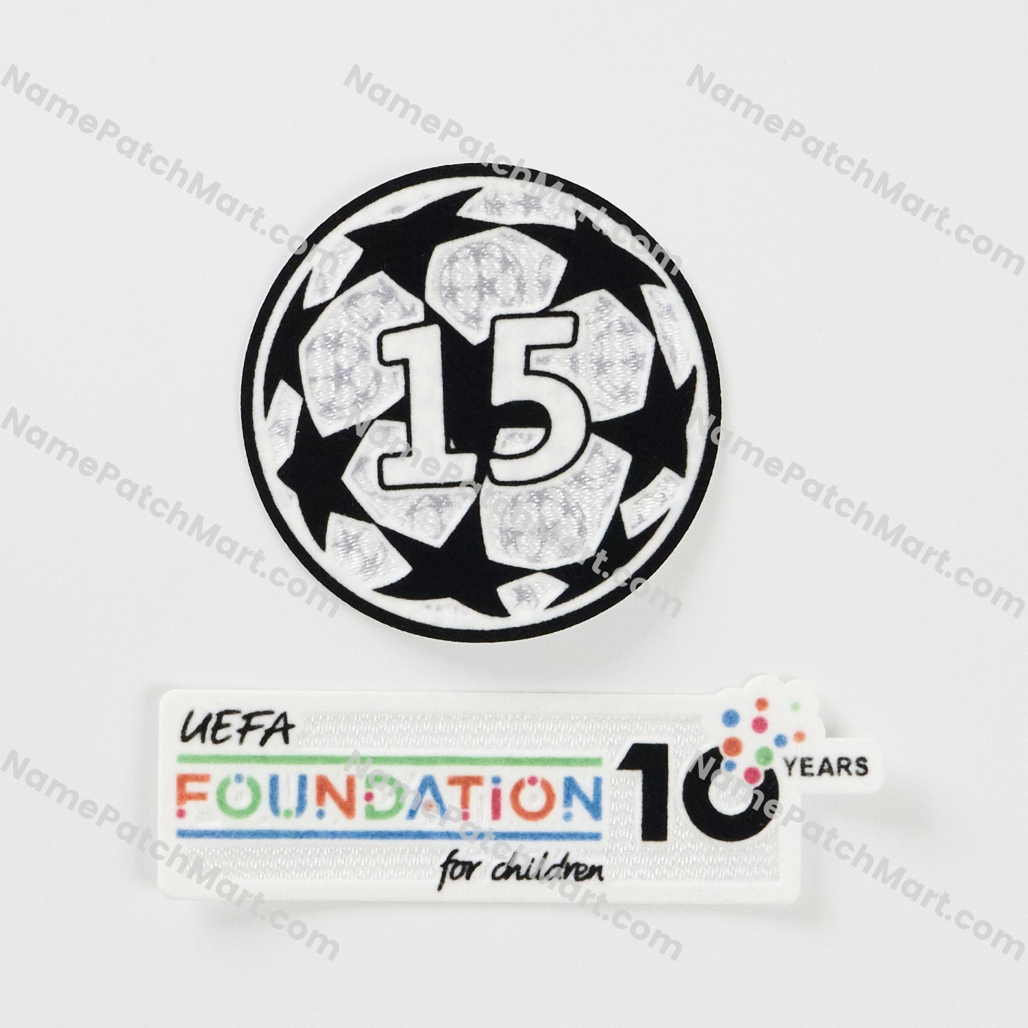 2025-26 UCL Starball 15 Times Winner + UEFA Foundation 10th Anniversary Patch Set  | Name Number Set - NamePatchMart.COM